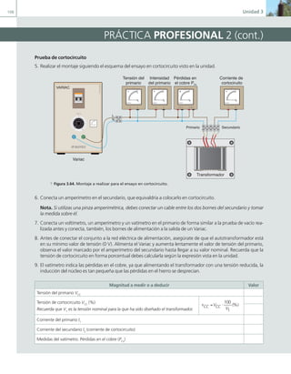 108 Unidad 3
Prueba de cortocircuito
5. Realizar el montaje siguiendo el esquema del ensayo en cortocircuito visto en la unidad.
L
N
Tensión del
primario
Corriente de
cortociruito
Intensidad
del primario
Pérdidas en
el cobre Pcu
|
|
|
|
|
|
|
|
|
|
|
|
|
|
|
|
|
|
|
|
|
|
|||||||||||||||||||
|
|
|
|
|
|
|
|
|
|
|
|
|
|
|
|
|
|
|
|
|
|
|
10
0
0
50
editex
VARIAC
I I
Editex
J
C
M
C
J.C.M.Castillo
V
0
A
0
10
0,5
J.C.M.Castillo
Editex
A
0
10
0,5
J.C.M.Castillo
Editex
V
0
100
250
500
J.C.M.Castillo
Editex
Primario Secundario
W
0
20
J.C.M.Castillo
Editex
V A
Transformador
Variac
a Figura 3.64. Montaje a realizar para el ensayo en cortocircuito.
6. Conecta un amperímetro en el secundario, que equivaldría a colocarlo en cortocircuito.
Nota. Si utilizas una pinza amperimétrica, debes conectar un cable entre los dos bornes del secundario y tomar
la medida sobre él.
7. Conecta un voltímetro, un amperímetro y un vatímetro en el primario de forma similar a la prueba de vacío rea-
lizada antes y conecta, también, los bornes de alimentación a la salida de un Variac.
8. Antes de conectar el conjunto a la red eléctrica de alimentación, asegúrate de que el autotransformador está
en su mínimo valor de tensión (0 V). Alimenta el Variac y aumenta lentamente el valor de tensión del primario,
observa el valor marcado por el amperímetro del secundario hasta llegar a su valor nominal. Recuerda que la
tensión de cortocircuito en forma porcentual debes calcularla según la expresión vista en la unidad.
9. El vatímetro indica las pérdidas en el cobre, ya que alimentando el transformador con una tensión reducida, la
inducción del núcleo es tan pequeña que las pérdidas en el hierro se desprecian.
Magnitud a medir o a deducir Valor
Tensión del primario VCC
Tensión de cortocircuito VCC
(%)
Recuerda que V1
es la tensión nominal para la que ha sido diseñado el transformador.
v V
V
CC CC
= ⋅
100
1
(%)
Corriente del primario I1
Corriente del secundario I2
(corriente de cortocircuito)
Medidas del vatímetro. Pérdidas en el cobre (PCu
)
PRÁCTICA PROFESIONAL 2 (cont.)
03 Maquinas electricas.indd 108 16/07/12 15:07
 