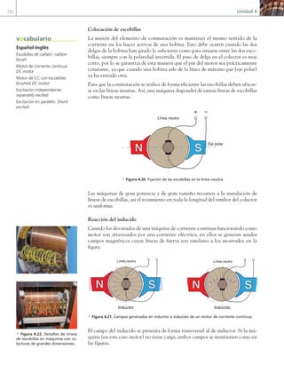 122 Unidad 4
Colocación de escobillas
La misión del elemento de conmutación es mantener el mismo sentido de la
corriente en los haces activos de una bobina. Esto debe ocurrir cuando las dos
delgas de la bobina han girado lo suficiente como para situarse entre las dos esco-
billas, siempre con la polaridad invertida. El paso de delga en el colector es muy
corto, por lo se garantiza de esta manera que el par del motor sea prácticamente
constante, ya que cuando una bobina sale de la línea de máximo par (eje polar)
ya ha entrado otra.
Para que la conmutación se realice de forma eficiente las escobillas deben ubicar-
se en las líneas neutras. Así, una máquina dispondrá de tantas líneas de escobillas
como líneas neutras.
N S
+ –
Línea neutra
Eje polar
a Figura 4.20. Fijación de las escobillas en la línea neutra.
Las máquinas de gran potencia y de gran tamaño recurren a la instalación de
líneas de escobillas, así el rozamiento en toda la longitud del tambor del colector
es uniforme.
Reacción del inducido
Cuando los devanados de una máquina de corriente continua funcionando como
motor son atravesados por una corriente eléctrica, en ellos se generan sendos
campos magnéticos cuyas líneas de fuerza son similares a los mostrados en la
figura.
N S N S
Línea neutra Línea neutra
Inductor Inducido
a Figura 4.21. Campos generados en inductor e inducido de un motor de corriente continua.
El campo del inducido se presenta de forma transversal al de inductor. Si la má-
quina (en este caso motor) no tiene carga, ambos campos se mantienen como en
las figuras.
Español-Inglés
Escobillas de carbón: carbon
brush
Motor de corriente continua:
DC motor
Motor de CC con escobillas:
brushed DC motor
Excitación independiente:
separately excited
Excitación en paralelo: Shunt
excited
vocabulario
a Figura 4.22. Detalles de líneas
de escobillas en máquinas con co-
lectores de grandes dimensiones.
04 Maquinas electricas.indd 122 17/07/12 08:09
 