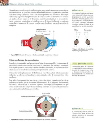 Máquinas rotativas de corriente continua 123
Sin embargo, cuando se aplica a la máquina una carga (en este caso una resisten-
cia mecánica en su eje), la corriente del inducido aumenta y, por tanto, también
lo hará el campo generado en él. Este efecto produce una distorsión del campo
inductor que genera el desplazamiento de la línea neutra un determinado número
de grados. A este efecto se le denomina reacción de inducido, y es necesario te-
nerlo en cuenta para realizar el calado correcto de las escobillas, de lo contrario
se producirá un exceso de chispas en ellas y en el colector que podrían dañar la
máquina.
N S
Desplazamiento
de la línea neutra
a Figura 4.24. Distorsión del campo inductor debido a la reacción del inducido.
Polos auxiliares o de conmutación
Los efectos producidos por la reacción del inducido son asumibles en máquinas de
pequeña potencia y en aquellas cuya carga es constante. Sin embargo, en máqui-
nas de gran potencia cuya carga cambia de forma continuada, es necesario realizar
el calado de las escobillas cada vez que se produce un cambio.
Para evitar el desplazamiento de la línea de escobillas debido a la reacción del
inducido se colocan en la culata los denominados polos de conmutación o polos
auxiliares.
Los polos de conmutación son piezas polares, de menor tamaño que las piezas
polares principales, que se ubican en la línea neutra de la máquina. Su devanado
se conecta en serie con el inductor y genera un campo de compensación que
evita la distorsión del campo de excitación y, también, la necesidad de realizar el
desplazamiento de la línea de escobillas.
N S
S
N
Línea neutra
Polos de conmutación
Calado de escobillas
a Figura 4.25. Polos de conmutación en una máquina de corriente continua.
Si la máquina funciona como gene-
rador (dinamo), la línea neutra se
desplaza en el sentido opuesto al
del motor. Por tanto, para que una
máquina pueda pasar de genera-
dor a motor, y viceversa, siempre es
necesario realizar el calado de las
escobillas en el sentido adecuado.
saber más
Motor Generador
a Figura 4.23. Calado de escobillas
en motor y en generador.
Llamaremos polos de conmuta-
ción a las piezas polares de menor
tamaño. Se instalarán para evitar
el desplazamiento de la línea de
escobillas debido a los efectos de la
reacción del inducido.
caso práctico inicial
El número de pares de polos de
conmutación debe ser igual al
número de pares de polos del
devanado principal.
saber más
04 Maquinas electricas.indd 123 17/07/12 08:09
 