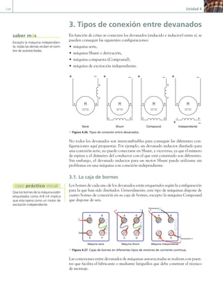 124 Unidad 4
3. Tipos de conexión entre devanados
En función de cómo se conecten los devanados (inducido e inductor) entre sí, se
pueden conseguir las siguientes configuraciones:
• máquina serie,
• máquina Shunt o derivación,
• máquina compuesta (Compound),
• máquina de excitación independiente.
+
–
+
–
+
–
+
–
+
–
Shunt
Serie Compound Independiente
A B A B
C D
A B
C D
A B
J K
F
E
F
E
a Figura 4.26. Tipos de conexión entre devanados.
No todos los devanados son intercambiables para conseguir las diferentes con-
figuraciones aquí propuestas. Por ejemplo, un devanado inductor diseñado para
una conexión serie, no puede conectarse en Shunt, y viceversa, ya que el número
de espiras y el diámetro del conductor con el que está construido son diferentes.
Sin embargo, el devanado inductor para un motor Shunt puede utilizarse sin
problemas en una máquina con conexión independiente.
3.1. La caja de bornes
Los bornes de cada uno de los devanados están etiquetados según la configuración
para la que han sido diseñados. Generalmente, este tipo de máquinas dispone de
cuatro bornes de conexión en su caja de bornes, excepto la máquina Compound
que dispone de seis.
+
–
B
A
F
E
Máquina serie
+ –
B
A
D
C
Máquina Shunt
+ –
B
A
K
J
Máquina independiente
+
–
Alimentación 1
Alimentación 2
a Figura 4.27. Cajas de bornes en diferentes tipos de motores de corriente continua.
Las conexiones entre devanados de máquinas autoexcitadas se realizan con puen-
tes que facilita el fabricante o mediante latiguillos que debe construir el técnico
de montaje.
Excepto la máquina independien-
te, todas las demás reciben el nom-
bre de autoexcitadas.
saber más
Que los bornes de la máquina estén
etiquetados como A-B J-K implica
que esta opera como un motor de
excitación independiente.
caso práctico inicial
04 Maquinas electricas.indd 124 17/07/12 08:09
 