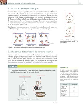 Máquinas rotativas de corriente continua 125
3.2. La inversión del sentido de giro
Para invertir el sentido de giro de un motor de corriente continua, se debe cam-
biar sentido de la corriente en uno de sus devanados. Esto hace que se invierta el
par en el inducido, produciendo en consecuencia el cambio en el sentido de giro
del motor. Desde el exterior de la máquina esto se realiza permutando los cables
de alimentación, bien en los bornes del devanado inducido, bien en los bornes del
devanado inductor. Por otro lado, para evitar que el motor se acelere demasiado,
en la práctica siempre se recomienda invertir las conexiones del inducido en lugar
de las del inductor (excitación).
En la figura se muestra cómo deben conectarse los terminales de los devanados en
los diferentes tipos de máquinas para que inviertan su sentido de giro.
+
–
B
A
F
E
Máquina serie
+ –
B
A
D
C
Máquina Shunt
+
–
B
A
K
J
Máquina Independiente
+
–
Alimentación 1
Alimentación 2
a Figura 4.29. Conexión de bornes para la inversión del sentido de giro.
3.3. El arranque de los motores de corriente continua
En el momento de su arranque un motor de corriente continua genera una sobre-
corriente que puede ser perjudicial, tanto para la instalación de alimentación como
para los devanados de la propia máquina. Para disminuir dicha corriente se conecta
un reóstato en serie con el devanado inducido. Así, cuando el motor alcanza su
funcionamiento nominal, en velocidad y en corriente, el reóstato se anula.
ejemplo
La siguiente figura muestra cómo se conecta el reóstato en serie con el
inducido para el arranque de un motor Shunt.
|
|
|
|
|
|
|
|
|
|
|
|
|
|
|
|
|
|
|
|
|
|
|||||||||||||||||||
|
|
|
|
|
|
|
|
|
|
|
|
|
|
|
|
|
|
|
|
|
|
|
100
0
50
editex
Fusibles
Reóstato
de
arranque
I I
Editex
J
C
M
C
+
-
B
A
F
E
1 2
1 3
3 4
2 4
–
+ +
– –
+
–
A B
C D
A
A
0
10
0,5
J.C.M.Castillo
Editex
Reóstato
a Figura 4.30. Arranque de un motor Shunt.
+
–
+
–
+
–
+
–
a Figura 4.28. Sentido de giro en
motores: antihorario (arriba) y ho-
rario (abajo).
El REBT en la instrucción ITC-BT-47
establece que la constante máxi-
ma de proporcionalidad entre
la intensidad de la corriente de
arranque y la de plena carga, en
los motores de corriente continua,
debe ajustarse a los siguientes
valores:
Potencia Constante
De 0,75 kW
a 1,5 kW
2,5
De 1,5 kW
a 5,0 kW
2,0
De más de
5,0 kW
1,5
recuerda
(continúa)
04 Maquinas electricas.indd 125 17/07/12 08:09
 