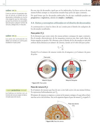 136 Unidad 4
En este tipo de devanados, igual que en los imbricados, los haces activos de una
misma bobina siempre se encuentran situados bajo polos de signo contrario.
De igual forma que los devanados imbricados, los de tipo ondulado pueden ser
progresivos o regresivos, además de simples o múltiples.
4.4. Datos y conceptos utilizados en el diseño de devanados
A continuación se citan los datos de uso común para el diseño de cualquiera de
los devanados nombrados.
Paso polar (YP
)
Es la distancia que existe entre dos masas polares contiguas de signo contrario.
En el estudio electrotécnico de las maquinas rotativas este dato suele darse de
forma angular en grados. No obstante, para el diseño de los devanados es más útil
utilizar dicha distancia en número de ranuras, siendo así el valor del paso polar:
Yp
=
K
2p
Donde K es el número de ranuras totales de al máquina y p el número de pares
de polos.
N S S
N
N
S
Paso polar
Paso polar
Máquina bipolar Máquina tetrapolar
a Figura 4.57. Paso polar.
Paso de ranura (YK
)
Es el número de ranuras que hay de uno a otro lado activo de una misma bobina.
Se representa habitualmente por YK
.
El número de ranuras se empieza a contar en la ranura contigua a la que ubica el pri-
mer haz activo de la bobina. Así, en la siguiente figura el paso de ranura YK
es igual a 3.
1
2
3
4
10
11
12
Paso de ranura
(Yk)
a Figura 4.58. Paso de ranura.
Como se verá en el apartado rela-
tivo al cálculo, el diseño de los
devanados ondulados es mucho
más exigente que los imbricados,
ya que los primeros no se pueden
ejecutar para cualquier número de
ranuras y delgas de un inducido.
saber más
Los polos de conmutación no
deben ser tenidos en cuenta para
establecer el paso polar.
saber más
Las bobinas se montan con un
número de ranuras según el deno-
minado paso de ranura.
caso práctico inicial
04 Maquinas electricas.indd 136 17/07/12 08:09
 
