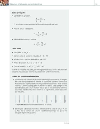 Máquinas rotativas de corriente continua 141
Datos principales
• Condición de ejecución.
K
p
=
12
2
= 6
Es un número entero, por tanto el devanado se puede ejecutar.
• Paso de ranura o de bobina.
YK
=
K
2p
=
12
4
= 3
• Secciones inducidas por bobina.
u =
D
K
=
12
12
= 1
Otros datos
• Paso polar. YP
= YK
= 3
• Número total de secciones inducidas. S = D = 12
• Número de bobinas del devanado. B = K = 12
• Ancho de sección. Y1
= YK
· u = 3 · 1 = 3
• Paso de conexión. Y2
= Y1
– YCOL
= 3 – 1 = 2
Se mide en secciones inducidas, sin embargo en este caso, al ser 1 el número de
secciones inducidas por bobina, se puede medir también en ranuras.
Diseño del esquema del devanado
1. Sabiendo que el número de secciones inducidas por bobina es 1, se dibujan
los haces activos de todas las bobinas en las ranuras (con línea continua el
haz de la capa superior de la ranura y con línea discontinua el de la capa
inferior). Las ranuras se pueden numerar si se desea. En el ejemplo se ha
considerado que la ranura número 1 es la que se encuentra en el extremo
izquierdo. No obstante, dicho orden no es significativo para la ejecución
del esquema.
1 2 3 4 5 6 7 8 9 10 11 12
a Figura 4.66. Representación de haces activos en ranuras.
2. Se dibuja la cabeza de una bobina estableciendo el paso de ranura YK
en
3. Para ello se cuentan tres ranuras a partir de la contigua a la que se ha
dibujado el primer haz activo.
(continúa)
04 Maquinas electricas.indd 141 17/07/12 08:09
 
