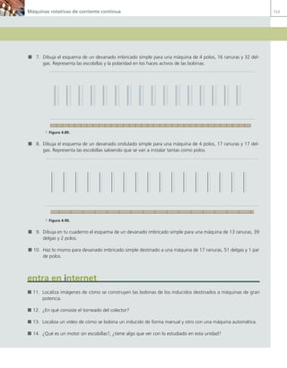 Máquinas rotativas de corriente continua 153
7. Dibuja el esquema de un devanado imbricado simple para una máquina de 4 polos, 16 ranuras y 32 del-
gas. Representa las escobillas y la polaridad en los haces activos de las bobinas.
a Figura 4.89.
8. Dibuja el esquema de un devanado ondulado simple para una máquina de 4 polos, 17 ranuras y 17 del-
gas. Representa las escobillas sabiendo que se van a instalar tantas como polos.
a Figura 4.90.
9. Dibuja en tu cuaderno el esquema de un devanado imbricado simple para una máquina de 13 ranuras, 39
delgas y 2 polos.
10. Haz lo mismo para devanado imbricado simple destinado a una máquina de 17 ranuras, 51 delgas y 1 par
de polos.
entra en internet
11. Localiza imágenes de cómo se construyen las bobinas de los inducidos destinados a máquinas de gran
potencia.
12. ¿En qué consiste el torneado del colector?
13. Localiza un vídeo de cómo se bobina un inducido de forma manual y otro con una máquina automática.
14. ¿Qué es un motor sin escobillas?, ¿tiene algo que ver con lo estudiado en esta unidad?
04 Maquinas electricas.indd 153 17/07/12 08:10
 