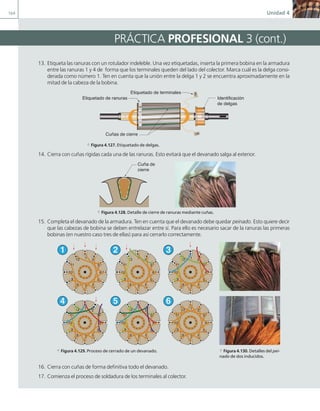 164 Unidad 4
13. Etiqueta las ranuras con un rotulador indeleble. Una vez etiquetadas, inserta la primera bobina en la armadura
entre las ranuras 1 y 4 de forma que los terminales queden del lado del colector. Marca cuál es la delga consi-
derada como número 1. Ten en cuenta que la unión entre la delga 1 y 2 se encuentra aproximadamente en la
mitad de la cabeza de la bobina.
J.C.M.Castillo
Etiquetado de ranuras
Etiquetado de terminales
Identificación
de delgas
Cuñas de cierre 1A
1
a
1
2
3
4
5
1
2
3
a Figura 4.127. Etiquetado de delgas.
14. Cierra con cuñas rígidas cada una de las ranuras. Esto evitará que el devanado salga al exterior.
Cuña de
cierre
a Figura 4.128. Detalle de cierre de ranuras mediante cuñas.
15. Completa el devanado de la armadura. Ten en cuenta que el devanado debe quedar peinado. Esto quiere decir
que las cabezas de bobina se deben entrelazar entre sí. Para ello es necesario sacar de la ranuras las primeras
bobinas (en nuestro caso tres de ellas) para así cerrarlo correctamente.
1
2
3
4
5
6
7
8
9
10
11
12 1
2
3
4
5
6
7
8
9
10
11
12 1
2
3
4
5
6
7
8
9
10
11
12
1
2
3
4
5
6
7
8
9
10
11
12 1
2
3
4
5
6
7
8
9
10
11
12 1
2
3
4
5
6
7
8
9
10
11
12
1 2 3
4 5 6
a Figura 4.129. Proceso de cerrado de un devanado. a Figura 4.130. Detalles del pei-
nado de dos inducidos.
16. Cierra con cuñas de forma definitiva todo el devanado.
17. Comienza el proceso de soldadura de los terminales al colector.
PRÁCTICA PROFESIONAL 3 (cont.)
04 Maquinas electricas.indd 164 17/07/12 08:11
 