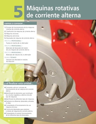 Máquinas rotativas
de corriente alterna
5
vamos a conocer...
1. Principio de funcionamiento de las máquinas
rotativas de corriente alterna
2. Clasificación de máquinas de corriente alterna
3. Máquinas síncronas
4. Máquinas asíncronas
5. Devanados de máquinas de corriente alterna
PRÁCTICA PROFESIONAL 1
Puesta en marcha de un alternador
PRÁCTICA PROFESIONAL 2
Bobinado del devanado del estator
de una máquina de corriente alterna
PRÁCTICA PROFESIONAL 3
Bobinado del inductor de un alternador
MUNDO TÉCNICO
Variación de velocidad en motores
de inducción
y al finalizar esta unidad...
Conocerás cuál es el principio de
funcionamiento de las máquinas de corriente
alterna.
Identificarás los elementos que constituyen
los circuitos magnético y eléctrico de este
tipo de máquinas.
Identificarás los diferentes tipos de máquinas.
Diseñarás los diferentes devanados utilizados
en ellas.
Comprobarás el funcionamiento de una
máquina síncrona.
Construirás devanados para estatores
y rotores de máquinas de corriente alterna.
Comprobarás el correcto funcionamiento
de los diferentes tipos de devanados.
05 Maquinas electricas.indd 170 17/07/12 08:14
 