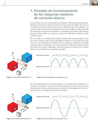 172 Unidad 5
1. Principio de funcionamiento
de las máquinas rotativas
de corriente alterna
Como hemos visto con anterioridad, una máquina rotativa elemental opera uti-
lizando un sistema de conmutación basado en el colector de delgas. En este caso
se produce una fuerza electromotriz que no cambia de signo. Sin embargo, si se
sustituye dicho sistema de conmutación por un par de anillos rozantes, de modo
que sobre ellos se apoyen las escobillas, se comprueba que la fuerza electromotriz
presenta valores positivos y negativos, ya que el sentido de la corriente cambia
periódicamente.
De este modo, si se comparan las señales de ambos tipos de generadores, se ob-
serva que en el que utiliza colector de delgas el resultado es una señal de tipo pul-
satorio, ya que el sentido de circulación de la corriente se mantiene cada media
vuelta de espira. Sin embargo, si se usa un sistema de anillos, la corriente cambia
de sentido (y de signo) cada media vuelta de la espira y se obtiene en los bornes
del rotor una señal de tipo sinusoidal o senoidal.
En el caso del generador de corriente alterna, si se mantiene fijo el inducido y es
el inductor el que gira, se presenta el mismo fenómeno de inducción y, por tanto,
de generación de fuerza electromotriz, invirtiéndose así los papeles de ambos cir-
cuitos respecto a la máquina de corriente continua.
a Figura 5.1. Generador elemental en CC.
a Figura 5.3. Generador elemental en CA.
Posición de la espira
Señal en bornes A-B
Señal en bornes A-B
Posición de la espira
a Figura 5.2. Señal de salida de un generador en CC.
a Figura 5.4. Señal de salida de un generador en CA.
05 Maquinas electricas.indd 172 17/07/12 08:14
 