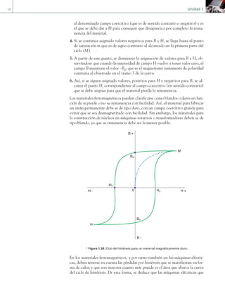 18 Unidad 1
al denominado campo coercitivo (que es de sentido contrario o negativo) y es
el que se debe dar a H para conseguir que desaparezca por completo la rema-
nencia del material.
4. Si se continua asignado valores negativos para B y H, se llega hasta el punto
de saturación m que es de signo contrario al alcanzado en la primera parte del
ciclo (M).
5. A partir de este punto, se disminuye la asignación de valores para B y H, ob-
servándose que cuando la intensidad de campo H vuelve a tener valor cero, el
campo B mantiene el valor –BR
, que es el magnetismo remanente de polaridad
contraria al observado en el tramo 3 de la curva.
6. Así, si se siguen asignado valores, positivos para H y negativos para B, se al-
canza el punto Hc
correspondiente al campo coercitivo (en sentido contrario)
que se debe asignar para que el material pierda la remanencia.
Los materiales ferromagnéticos pueden clasificarse como blandos o duros en fun-
ción de si pierde o no su remanencia con facilidad. Así, el material para fabricar
un imán permanente debe se de tipo duro, con un campo coercitivo grande para
evitar que se sea desmagnetizado con facilidad. Sin embargo, los materiales para
la construcción de núcleos en máquinas rotativas o transformadores deben se de
tipo blando, ya que su remanencia debe ser la menor posible.
H +
H -
B +
B -
BR
0
-BR
-HC
HC
m
M
a Figura 1.28. Ciclo de histéresis para un material magnéticamente duro.
En los materiales ferromagnéticos, y por tanto también en las máquinas eléctri-
cas, deben tenerse en cuenta las pérdidas por histéresis que se manifiestan en for-
ma de calor, y que son mayores cuanto más grande es el área que abarca la curva
del ciclo de histéresis. De esta forma, se deduce que las máquinas eléctricas que
01 Maquinas electricas.indd 18 16/07/12 11:53
 