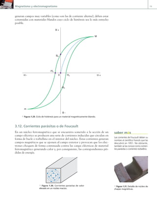 Magnetismo y electromagnetismo 19
generan campos muy variables (como son las de corriente alterna), deben estar
construidas con materiales blandos cuyo ciclo de histéresis sea lo más estrecho
posible.
H +
H -
B +
B -
BR
-BR
-HC
HC
M
m
0
a Figura 1.29. Ciclo de histéresis para un material magnéticamente blando.
3.12. Corrientes parásitas o de Foucault
En un núcleo ferromagnético que se encuentra sometido a la acción de un
campo eléctrico se producen una serie de corrientes inducidas que circulan en
forma de bucle o torbellino en el interior del núcleo. Estas corrientes generan
campos magnéticos que se oponen al campo exterior y provocan que los elec-
trones choquen de forma continuada contra las cargas eléctricas de material
ferromagnético generando calor y, por consiguiente, las correspondientes pér-
didas de energía.
a Figura 1.30. Corrientes parásitas de valor
elevado en un núcleo macizo.
Las corrientes de Foucault deben su
nombre al científico francés que las
descubrió en 1851. No obstante,
también se las conoce como corrien-
tes parásitas o corrientes torbellino.
saber más
a Figura 1.31. Detalle de núcleo de
chapas magnéticas.
01 Maquinas electricas.indd 19 16/07/12 11:53
 
