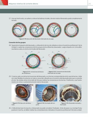 Máquinas rotativas de corriente alterna 215
27. Una vez hecho esto, se vuelven a colocar las bobinas iniciales, de este modo el devanado queda completamente
cerrado.
Levantar
Meter
Meter
a Figura 5.110. Ejecución del devanado imbricado de una capa.
Conexión de los grupos
28. Siguiendo el esquema del devanado, y utilizando la técnica de soldadura vista en la práctica profesional 2 de la
Unidad 4, realiza las conexiones entre los grupos de los diferentes devanados. Luego etiqueta con cinta adhe-
siva blanca cada uno de los terminales del devanado.
1
3 5
7
9
11
13
15
17
21
19
23
U1
U2
V1
V2
W1
W2
Unión 7-13
Unión 11-17
Unión 15-21
1 5
6
7
9
10
11
12
13
14
15
16
17
U1 V1
W1
3
19
20
21
23
U2
V2
W2
Unión 10-16
Unión 14-20
Unión 15-21
Unión 11-17
Unión 6-12
Unión 7-13
a Figura 5.111. Conexiones de devana-
do concéntrico.
a Figura 5.112. Conexiones de devanado
imbricado de una capa.
29. Conecta cada una de las terminaciones del devanado a sus bornes correspondientes de la caja de bornes. Aislar
con tubo flexible el conductor en todo su recorrido y llevarlo por el contorno del devanado para que no estorbe
al rotor. No olvides retirar el esmalte de hilo para realizar las conexiones en los bornes. Finalmente, cose fuerte-
mente con cinta o cuerda de bramante todo el devanado.
a Figura 5.113. Ejecución del deva-
nado.
a Figura 5.114. Encintado del con-
junto.
a Figura 5.115. Devanado montado y
barnizado.
30. A falta de barnizar el conjunto, el devanado se puede considerar finalizado. Antes de pasar a su montaje final y
puesta en marcha, se deben realizar las comprobaciones indicadas en la práctica profesional 4 de esta unidad.
05 Maquinas electricas.indd 215 17/07/12 08:16
 