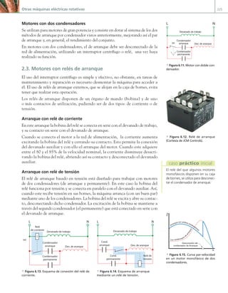 Otras máquinas eléctricas rotativas 225
Motores con dos condensadores
Se utilizan para motores de gran potencia y consiste en dotar al sistema de los dos
métodos de arranque por condensador vistos anteriormente, mejorando así el par
de arranque y, en general, el rendimiento del conjunto.
En motores con dos condensadores, el de arranque debe ser desconectado de la
red de alimentación, utilizando un interruptor centrífugo o relé, una vez haya
realizado su función.
2.3. Motores con relés de arranque
El uso del interruptor centrífugo es simple y efectivo, no obstante, en tareas de
mantenimiento y reparación es necesario desmontar la máquina para acceder a
él. El uso de relés de arranque externos, que se alojan en la caja de bornes, evita
tener que realizar esta operación.
Los relés de arranque disponen de un órgano de mando (bobina) y de uno
o más contactos de utilización, pudiendo ser de dos tipos: de corriente o de
tensión.
Arranque con relé de corriente
En este arranque la bobina del relé se conecta en serie con el devanado de trabajo,
y su contacto en serie con el devanado de arranque.
Cuando se conecta el motor a la red de alimentación, la corriente aumenta
excitando la bobina del relé y cerrando su contacto. Esto permite la conexión
del devanado auxiliar y con ello el arranque del motor. Cuando este adquiere
entre el 80 y el 85% de la velocidad nominal, la corriente disminuye desacti-
vando la bobina del relé, abriendo así su contacto y desconectado el devanado
auxiliar.
Arranque con relé de tensión
El relé de arranque basado en tensión está diseñado para trabajar con motores
de dos condensadores (de arranque y permanente). En este caso la bobina del
relé funciona por tensión y se conecta en paralelo con el devanado auxiliar. Así,
cuando este recibe tensión en sus bornes, la máquina arranca (con un buen par)
mediante uno de los condensadores. La bobina del relé se excita y abre su contac-
to, desconectando dicho condensador. La excitación de la bobina se mantiene a
través del segundo condensador (el permanente) que está conectado en serie con
el devanado de arranque.
Devanado de trabajo
Relé
de corriente
Dev. de aranque
Int
Condensador
arranque
L N
Condensador
permanente
Devanado de trabajo
Dev. de aranque
Cond.
arranque
L N
Cond.
permanente
Relé de
tensión
a Figura 6.13. Esquema de conexión del relé de
corriente.
a Figura 6.14. Esquema de arranque
mediante un relé de tensión.
Devanado de trabajo
Dev. de aranque
Int
Condensador
arranque
L N
Condensador
permanente
a Figura 6.11. Motor con doble con-
densador.
a Figura 6.12. Relé de arranque
(Cortesía de JCM Controls).
N
Par
Desconexión del
condensador de Arranque
Arranque con ambos condesadores
Con condensador de
a
r
r
a
n
q
u
e
a Figura 6.15. Curva par-velocidad
en un motor monofásico de dos
condensadores.
El relé del que algunos motores
monofásicos disponen en su caja
de bornes, se utiliza para desconec-
tar el condensador de arranque.
caso práctico inicial
06 Maquinas electricas.indd 225 16/07/12 12:26
 