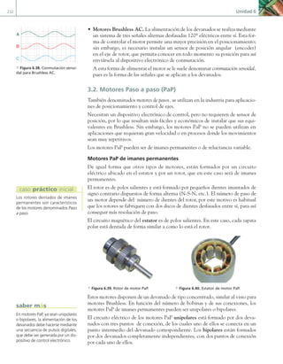 232 Unidad 6
• Motores Brushless AC. La alimentación de los devanados se realiza mediante
un sistema de tres señales alternas desfasadas 120º eléctricos entre sí. Esta for-
ma de controlar el motor permite una mayor precisión en el posicionamiento;
sin embargo, es necesario instalar un sensor de posición angular (encoder)
en el eje de rotor, que permita conocer en todo momento su posición para así
enviársela al dispositivo electrónico de conmutación.
A esta forma de alimentar el motor se le suele denominar conmutación senoidal,
pues es la forma de las señales que se aplican a los devanados.
3.2. Motores Paso a paso (PaP)
También denominados motores de pasos, se utilizan en la industria para aplicacio-
nes de posicionamiento y control de ejes.
Necesitan un dispositivo electrónico de control, pero no requieren de sensor de
posición, por lo que resultan más fáciles y económicos de instalar que sus equi-
valentes en Brushless. Sin embargo, los motores PaP no se pueden utilizan en
aplicaciones que requieran gran velocidad o en procesos donde los movimientos
sean muy repetitivos.
Los motores PaP pueden ser de imanes permanentes o de reluctancia variable.
Motores PaP de imanes permanentes
De igual forma que otros tipos de motores, están formados por un circuito
eléctrico ubicado en el estator y por un rotor, que en este caso será de imanes
permanentes.
El rotor es de polos salientes y está formado por pequeños dientes imantados de
signo contrario dispuestos de forma alterna (N-S-N, etc.). El número de paso de
un motor depende del número de dientes del rotor, por este motivo es habitual
que los rotores se fabriquen con dos discos de dientes desfasados entre sí, para así
conseguir más resolución de paso.
El circuito magnético del estator es de polos salientes. En este caso, cada zapata
polar está dentada de forma similar a como lo está el rotor.
a Figura 6.39. Rotor de motor PaP. a Figura 6.40. Estator de motor PaP.
Estos motores disponen de un devanado de tipo concentrado, similar al visto para
motores Brushless. En función del número de bobinas y de sus conexiones, los
motores PaP de imanes permanentes pueden ser unipolares o bipolares.
El circuito eléctrico de los motores PaP unipolares está formado por dos deva-
nados con tres puntos de conexión, de los cuales uno de ellos se conecta en un
punto intermedio del devanado correspondiente. Los bipolares están formados
por dos devanados completamente independientes, con dos puntos de conexión
por cada uno de ellos.
Los rotores dentados de imanes
permanentes son característicos
de los motores denominados Paso
a paso.
caso práctico inicial
A
B
C
a Figura 6.38. Conmutación senoi-
dal para Brushless AC.
En motores PaP, ya sean unipolares
o bipolares, la alimentación de los
devanados debe hacerse mediante
una secuencia de pulsos digitales,
que debe ser generada por un dis-
positivo de control electrónico.
saber más
06 Maquinas electricas.indd 232 16/07/12 12:26
 