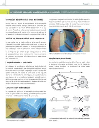 250 Anexo e Y
e operACioneS báSiCAS de MAnTeniMienTo y repArACión de MÁQuinas eLÉctricas rotativas
Verificación de continuidad entre devanados
permite conocer si alguno de los devanados se encuentra inte-
rrumpido eléctricamente, bien por rotura de un conductor, por
una falsa soldadura o por un defecto de conexión en la caja
de bornes. para ello se utiliza un comprobador de continuidad,
conectando las puntas de prueba en los extremos de cada uno de
los devanados. si existe continuidad, la comprobación es correcta.
Verificación de cortocircuitos entre devanados
es una prueba que se puede realizar a la vez que la anterior.
consiste en comprobar si existe continuidad entre los bornes de
diferentes devanados de la máquina. si la comprobación es posi-
tiva, significa que existe un cortocircuito interno entre devanados.
en las máquinas que utilizan chapas para puentear los bornes
de la caja de bornes, como pueden ser los motores asíncronos
de inducción, es necesario retirarla previamente para realizar
esta comprobación.
Comprobación de la ventilación
La instalación de las máquinas debe hacerse siguiendo las indi-
caciones del fabricante para que se produzca una buena refrige-
ración, evitando que las tapas y rejillas por las que circula el aire
queden obstruidas. un exceso de calor acorta la vida o puede
destruir los aislantes internos de la máquina. en aquellas máquinas
que disponen de un ventilador de tipo pasivo acoplado a su eje,
debe comprobarse que no se ha roto ninguna de sus alas. Las que
disponen de un circuito de refrigeración o aireación de tipo activo,
se debe comprobar su correcto funcionamiento.
Comprobación de la rotación
un cojinete muy gastado o un eje desequilibrado pueden pro-
vocar un giro inadecuado del eje, pudiendo producir daños
mecánicos y eléctricos en el interior de la máquina.
a Comprobación de la rotación.
una primera comprobación consiste en desacoplar el eje de la
máquina y verificar qué ocurre al girar el eje manualmente. por
otro lado, el lubricado periódico de los cojinetes y elementos en
movimiento permite alargar la vida de los mismos.
a Devanado del inductor dañado por contacto con el rotor.
Acoplamientos mecánicos
Los acoplamientos de las máquinas deben hacerse según indica
el fabricante, respetando la distancia entre ejes, la fijación de
poleas y ruedas dentadas, y el alineamiento de correas y ele-
mentos de transmisión.
E
a Acoplamientos mecánicos de una máquina rotativa (Cortesía de
Leroy Somer).
07 Maquinas electricas - Anexos.indd 250 16/07/12 12:30
 