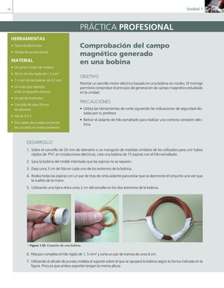 30 Unidad 1
PRÁCTICA PROFESIONAL
comprobación del campo
magnético generado
en una bobina
OBJETIVO
Montar un sencillo motor eléctrico basado en una bobina sin núcleo. El montaje
permitirá comprobar el principio de generación de campo magnético estudiado
en la unidad.
PRECAUCIONES
• Utiliza las herramientas de corte siguiendo las indicaciones de seguridad dic-
tadas por tu profesor.
• Retirar el aislante de hilo esmaltado para realizar una correcta conexión eléc-
trica.
DESARROLLO
1. Sobre el canutillo de 20 mm de diámetro o un manguito de medidas similares de los utilizados para unir tubos
rígidos de PVC en instalaciones eléctricas, crea una bobina de 15 espiras con el hilo esmaltado.
2. Saca la bobina del molde intentado que las espiras no se separen.
3. Deja unos 3 cm de hilo en cada uno de los extremos de la bobina.
4. Rodea todas las espiras con un par de tiras de cinta aislante para evitar que se desmonte el conjunto una vez que
la sueltes de la mano.
5. Utilizando una tijera retira unos 2 cm del esmalte en los dos extremos de la bobina.
6. Pela por completo el hilo rígido de 1, 5 mm2
y corta un par de tramos de unos 6 cm.
7. Utilizando el alicate de puntas moldea el soporte sobre el que se apoyará la bobina según la forma indicada en la
figura. Procura que ambos soportes tengan la misma altura.
HERRAMIENTAS
• Tijera de electricista
• Alicate de puntas planas
MATERIAL
• Un panel o listón de madera
• 30 cm de hilo rígido de 1,5 mm2
• 1 m de hilo de bobinar de 0,5 mm
• Un imán (por ejemplo,
el de un pequeño altavoz)
• Un par de tirafondos
• Canutillo de unos 20 mm
de diámetro
• Pila de 4,5 V
• Dos cables de prueba con pinzas
de cocodrilo en ambos extremos
a Figura 1.55. Creación de una bobina.
01 Maquinas electricas.indd 30 16/07/12 11:54
 
