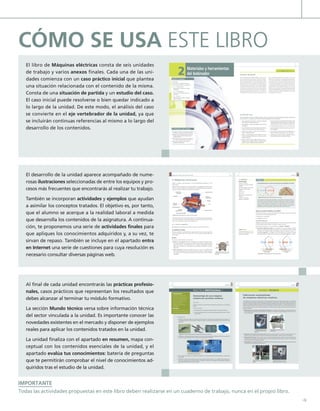 Y
El libro de Máquinas eléctricas consta de seis unidades
de trabajo y varios anexos finales. Cada una de las uni-
dades comienza con un caso práctico inicial que plantea
una situación relacionada con el contenido de la misma.
Consta de una situación de partida y un estudio del caso.
El caso inicial puede resolverse o bien quedar indicado a
lo largo de la unidad. De este modo, el análisis del caso
se convierte en el eje vertebrador de la unidad, ya que
se incluirán continuas referencias al mismo a lo largo del
desarrollo de los contenidos.
El desarrollo de la unidad aparece acompañado de nume-
rosas ilustraciones seleccionadas de entre los equipos y pro-
cesos más frecuentes que encontrarás al realizar tu trabajo.
También se incorporan actividades y ejemplos que ayudan
a asimilar los conceptos tratados. El objetivo es, por tanto,
que el alumno se acerque a la realidad laboral a medida
que desarrolla los contenidos de la asignatura. A continua-
ción, te proponemos una serie de actividades finales para
que apliques los conocimientos adquiridos y, a su vez, te
sirvan de repaso. También se incluye en el apartado entra
en Internet una serie de cuestiones para cuya resolución es
necesario consultar diversas páginas web.
CÓMO SE USA ESTE LIBRO
Al final de cada unidad encontrarás las prácticas profesio-
nales, casos prácticos que representan los resultados que
debes alcanzar al terminar tu módulo formativo.
La sección Mundo técnico versa sobre información técnica
del sector vinculada a la unidad. Es importante conocer las
novedades existentes en el mercado y disponer de ejemplos
reales para aplicar los contenidos tratados en la unidad.
La unidad finaliza con el apartado en resumen, mapa con-
ceptual con los contenidos esenciales de la unidad, y el
apartado evalúa tus conocimientos: batería de preguntas
que te permitirán comprobar el nivel de conocimientos ad-
quiridos tras el estudio de la unidad.
Materiales y herramientas
del bobinador
2
vamos a conocer...
1. Materiales
2. Herramientas y utillaje del bobinador
3. Instrumentos de medida y comprobación
PRÁCTICA PROFESIONAL 1
Fabricación de una bobina con moldes
preformados
PRÁCTICA PROFESIONAL 2
Fabricación de una bobina con molde
de madera
MUNDO TÉCNICO
Fabricación automatizada de máquinas
eléctricas rotativas
y al finalizar esta unidad...
Conocerás cuáles son los conductores y aislantes
utilizados en el bobinado de máquinas eléctricas.
Identificarás los diferentes tipos de herramientas
y útiles usados en el taller de reparación de
máquinas eléctricas.
Conocerás cuál es la instrumentación requerida
en el taller de mantenimiento y reparación.
Construirás dos bobinas utilizando dos
procedimientos diferentes.
35
situación de partida
CASO PRÁCTICO INICIAL
Fermín y Abel, de la empresa MantenExpress, ya han comenza-
do a formarse para la nueva tarea que su jefe les ha encomen-
dado, es decir, para todo lo relativo al mantenimiento y repa-
ración de máquinas eléctricas. Lo primero que deben hacer es
reservar un espacio en su actual taller para realizar este tipo
de trabajos. En las últimas semanas han revisado catálogos
y webs de fabricantes para definir cuáles son los materiales,
herramientas e instrumentación de los que deben disponer
en su taller máquinas eléctricas. Dentro de los materiales han
observado que dos de ellos son esenciales, por un lado los
conductores eléctricos que constituyen los devanados, y por
otro los materiales dieléctricos que los aíslan. Dentro de la
dotación de herramientas han comprobado que deben adqui-
rir un buen número de ellas y con diferentes funciones. Entre
estas herramientas se encuentran, desde las destinadas a la
construcción de devanados hasta las que permiten ejecutar
su acabado adecuadamente, pasando por las de limpieza y
preparación del núcleo magnético. Además, como en otras
técnicas eléctricas, requieren una instrumentación que permita
y facilite la comprobación y localización de averías, tanto en la
puesta en marcha de las máquinas reparadas como en tareas
de mantenimiento en planta.
1. ¿Qué característica presenta el conductor utilizado
para rebobinar máquinas eléctricas?
2. ¿Es indiferente el espesor del dieléctrico en los hilos
esmaltados?
3. ¿Se comercializan estos conductores en función de su
sección, como ocurre con otros cables eléctricos?
4. ¿Qué hay que tener en cuenta en el momento de
elegir un material aislante?
5. ¿Qué se utiliza (regletas, cinta aislante, etc.) para
aislar las conexiones eléctricas en el interior de una
máquina eléctrica?
6. Fermín y Abel ha leído en algún lugar que una vez
rebobinada una máquina eléctrica es necesario bar-
nizarla, ¿cuál es el objetivo de dicha operación?
7. El principal mercado de trabajo de MantenExpres será
el de las máquinas eléctricas rotativas, ¿cuál es el tipo
de bobinadora que mejor se adapta a su rebobinado?
8. ¿Todas las bobinas se fabrican con un solo conductor?
9. ¿Existe alguna herramienta especíica para pelar el
hilo esmaltado?
10. ¿Es sencilla la extracción de los devanados de una
máquina rotativa cuyas bobinas se han quemado?
11. ¿Existe algún instrumento para comprobar el estado
de los devanados de una máquina rotativa?
estudio del caso
Antes de empezar a leer esta unidad de trabajo, puedes contestar las dos primeras preguntas. Después analiza cada
punto del tema con el objetivo de contestar el resto de preguntas de este caso práctico.
Máquinas rotativas de corriente alterna 183
4. Máquinas asíncronas
Deben su nombre a que funcionan a una velocidad diferente (inferior) a la de
sincronismo.
El funcionamiento como motor es el principal uso de las máquinas asíncronas. No
obstante, en la actualidad, se están utilizando con regularidad como generadores,
aunque su estudio se sale de los objetivos de este libro.
J
J.
J.
J.
J.
J.
J.
J
J
J C.
C.
C.
C.
C.
C
C.
C.M.
M.
M.
M.
M.
M.
M
M.
M
M Ca
Ca
Ca
Ca
Ca
Ca
Ca
Ca
Ca
a
ast
s
s
s
s
st
st
st
st
st
st
st
st
st
st
st
t
t
st
st
st
st
t
t
t
st
s
s
st
st
st
s
st
st
st
t
t
s
s
s
st
st
t
t
st
s
s
st
st
st
st
t
t
s
s
s
st
s
s
st
t
t
s
s
s
s
s
s
st
st
t
st
s
s
st
s
st
t
t
s
s
s
s
s
st
t
st
t
s
s
st
t
s
st
st
t
t
st
s
s
st
st
t
t
t
t
s
s
st
st
st
t
t
s
s
s
st
t
t
t
s
st
t
t
s
st
st
s
s
s
s
st
st
s
s
s
st
s
st
t
t
s
s
s
s
s
st
t
t
t
st
t
s
s
s
s
s
s
st
st
st
t
t
t
t
t
st
t
t
s
s
s
s
s
st
st
st
t
st
t
st
t
t
t
t
s
s
s
s
s
s
s
s
st
st
st
t
st
t
t
t
t
t
s
s
s
s
s
s
s
st
st
st
st
t
t
st
t
t
t
t
t
s
s
s
s
s
s
st
st
t
st
t
t
t
t
t
t
t
t
s
s
s
s
s
s
s
s
st
st
t
st
t
t
t
t
t
t
s
s
s
s
s
s
s
st
t
t
t
t
t
t
t
t
st
st
st
t
t
t
t
t
t
t
t
t
ti
il
i
il
il
l
l
l
l
l
l
l
l
i
i
i
i
i
i
il
l
il
i
i
il
il
il
i
i
il
l
l
il
i
i
i
il
il
il
il
l
l
l
l
il
il
il
l
il
il
i
i
il
i
il
il
l
l
il
i
il
l
l
i
i
il
l
l
l
l
l
i
il
l
l
l
l
il
il
l
l
il
l
il
il
l
il
il
i
i
il
l
l
l
l
i
il
i
il
l
l
l
il
l
l
l
i
il
l
l
i
il
l
l
i
i
i
i
il
l
i
i
il
l
i
il
l
l
l
l
l
i
il
il
l
l
l
l
l
l
il
il
l
l
l
l
l
i
i
il
l
l
l
l
l
l
i
i
il
i
il
il
l
l
i
i
i
i
il
l
l
i
il
il
i
i
i
il
l
l
i
i
il
l
l
i
il
l
l
l
l
l
l
l
i
il
l
l
l
i
i
i
il
l
l
l
i
il
i
il
l
l
l
l
l
l
ll
l
lo
lo
lo
lo
lo
lo
lo
lo
lo
lo
lo
lo
lo
l
l
l
lo
l
lo
lo
lo
lo
o
lo
o
lo
o
lo
lo
lo
o
l
l
lo
l
l
lo
o
lo
lo
lo
lo
lo
l
lo
o
o
o
lo
lo
lo
o
lo
lo
lo
lo
lo
lo
lo
o
lo
lo
lo
lo
lo
lo
l
lo
lo
o
lo
lo
o
o
o
o
lo
o
o
o
o
l
lo
o
lo
o
o
o
o
lo
lo
o
o
lo
o
o
lo
o
lo
o
o
o
o
o
lo
lo
o
o
lo
lo
o
o
o
o
o
o
o
o
o
o
o
o
o
o
o
o
lo
l
lo
o
o
o
o
o
l
l
lo
o
lo
lo
lo
lo
l
lo
o
o
lo
o
o
o
o
o
lo
o
o
o
o
o
lo
o
l
lo
o
o
o
lo
o
o
lo
o
lo
o
o
o
o
o
l
lo
o
l
lo
l
l
l
lo
lo
l
l
l
l
l
l
lo
o
o
o
o
o
o
o
Escudo posterior
Devanado del estator
Eje
Tapa del
ventilador
Escudo anterior
Ventilador Rotor en
cortocircuito
Cojinete
Placa de
características
Núcleo de la
armadura
Caja de bornes
a Figura 5.33. Constitución de un motor asíncrono trifásico.
De la misma forma que las máquinas síncronas, las asíncronas están formadas por
un circuito magnético y dos circuitos eléctricos, además de otros elementos como
son: la carcasa, escudos, tapas, base de fijación, etc.
4.1. Circuito magnético
Está formado por dos partes: una fija en el estator y una móvil en el rotor.
La armadura o estator
El estator es idéntico al utilizado en las máquinas síncronas, por tanto aquí no se
volverá a enunciar cuál es su constitución, ya que no existe ninguna diferencia
entre ambos.
El rotor
En cuanto al rotor, puede ser de dos tipos:
• Rotor en cortocircuito. Este tipo no dispone de ranuras abiertas que permi-
tan insertar en ellas un bobinado ejecutado a base de hilo o pletina esmal-
tada. Sin embargo, está constituido por un número determinado de barras
rígidas que se cierran en cortocircuito en sus extremos, formado así su propio
devanado.
• Rotor ranurado. Su aspecto es similar al de otros rotores ya estudiados para
otros tipos de máquinas. Se encuentra ranurado en todo su contorno para per-
mitir alojar en él un devanado construido a base de bobinas de hilo o pletina
esmaltada.
Ranuras
de la
armadura
Barras
del rotor
Armadura
(estator)
Rotor en
cortocircuito
a Figura 5.34. Partes de una má-
quina asíncrona con rotor en cor-
tocircuito.
154 Unidad 4
HERRAMIENTAS
• Martillo con cabeza de nailon
• Llaves Allen de diferentes tamaños
• Juego de llaves fijas y/o de tubo
• Recipiente o gaveta de plástico
• Extractor de cojinetes
• Guantes, alicates y extractor
de chavetas
MATERIAL
• Una máquina de corriente continua
• Rotulador permanente y cinta aislante
PRÁCTICA PROFESIONAL 1
Desmontaje de una máquina
rotativa de corriente continua
OBJETIVO
Conocer las técnicas y herramientas utilizadas para desmontar una máquina
rotativa.
PRECAUCIONES
• Utiliza guantes en la operación de desmontaje y montaje de la máquina.
• Cubre de cinta aislante los huecos de las chavetas para evitar cortes con el filo
de sus bordes.
DESARROLLO
1. Preparar la mesa de trabajo con el equipo de herramientas necesario para el desmontaje de la máquina. Es
aconsejable disponer de una bandeja o gaveta para dejar en ella todos los elementos que se retirarán en esta
operación.
a Figura 4.91. Algunas de las herramientas necesarias para desmontar la máquina.
2. Utilizando un rotulador permanente, realizar marcas en los dos escudos de la máquina de tal forma que identifi-
ques claramente en qué lado de la culata están ubicados cada uno de ellos.
a Figura 4.92. Marcaje de culatas.
3. Por la ventana del escudo que contiene las escobillas, las retiramos para evitar que se dañen en el proceso de
desmontaje.
4. Utilizando un extractor de chavetas retiramos las de ambos extremos del eje. Si no dispones del extractor, pue-
des usar un alicate universal o de pico de pato. También, a modo de truco, puedes emplear pequeño tornillo de
banco portátil fijando y tirando de la chaveta.
IMPORTANTE
Todas las actividades propuestas en este libro deben realizarse en un cuaderno de trabajo, nunca en el propio libro.
134 Unidad 4
Según la conexión de bobina en el colector
En función de cómo se conecten los finales de las bobinas y secciones inducidas
en el colector, los devanados pueden ser:
• imbricados o en paralelo,
• ondulados o en serie.
Devanados imbricados
También denominados devanados paralelos, se caracterizan porque cada lado de
la bobina queda situado debajo de un polo de signo contrario.
Este tipo de devanados a su vez se clasifican en simples y múltiples.
• Devanados imbricados simples. Los terminales se conectan siempre a delgas
adyacentes, pudiendo hacerse en la anterior o en la posterior. Si la conexión
se realiza en la siguiente delga, el devanado avanza en sentido horario y se
denomina progresivo o no cruzado. Si por el contrarios la conexión se realiza
en la delga anterior, el devanado retrocede denominándose regresivo o cruzado.
3 6
3 4 5 6
S N
4 5 5 6
3 4 5 6
N S
3 4
Devanado progresivo
(no cruzado)
Devanado regresivo
(cruzado)
a Figura 4.54. Detalles de devanados imbricados simples.
EJEMPLO
En la siguiente figura se muestra cómo se ejecuta un devanado a dos capas.
6
7
8
9
3
4
5
3
3
4
4 8
8
9
9
2 3 4 5 6
6 7 8
3
3 4 5 6
6 7 8 9
9
c
c
c
c
N
S
a Figura 4.53. Distribución de los devanados en dos capas.
En el esquema del devanado (izquierda), se representan dos haces activos en
cada ranura. Si nos centramos en la ranura marcada como número 6, se puede
ver que la bobina de color verde es entrante y la bobina de color rojo saliente.
Así, las primeras siempre se montarán en la capa inferior de la ranura y las
segundas en la superior, siendo habitual que el lado que llega a las ranuras se
represente de forma punteada y el que sale de ellas en línea continua.
Español-Inglés
Devanado: winding
Devanado de inducido: armadure
winding
Devanado imbricado: lap winding
Devanado ondulado: wave
winding
Bobinas: coils
Serie: series
Bobinas de campo (inductoras):
field coil
Progresivo: progressive
Regresivo: retrogressive
vocabulario
El devanado progresivo o no cru-
zado es el más común para el
bobinado de inducidos.
saber más
66 Unidad 2
MUNDO TÉCNICO
Fabricación automatizada
de máquinas eléctricas rotativas
Lo estudiado en esta unidad se encuentra en el contexto de talleres pequeños y medianos destinados a la reparación
y mantenimiento manual de máquinas eléctricas. No obstante, la producción y fabricación en serie, de igual forma
que para otro tipo de productos, se encuentra altamente automatizada en este campo. En la actualidad el uso de ma-
quinaria especializada permitente realizar el proceso de fabricación de forma limpia y en un breve periodo de tiempo.
Estos son algunos procesos automatizados destinados a la fabricación de máquinas eléctricas, principalmente de
las de tipo rotativo:
• Máquinas para la inserción de devanados de estatores. Los modelos más complejos y completos construyen
automáticamente las bobinas y posteriormente, mediante un sistema de guiado inteligente, las insertan en las
ranuras del estator.
• Aislamiento de ranuras e inserción de cuñas. Ambos procesos también se encuentran automatizados. El ais-
lamiento de ranura debe hacerse antes de la inserción de los bobinados, la colocación de cuñas después.
• Bobinado de inducidos. Para esta tarea, que manualmente resulta compleja y laboriosa, existen máquinas que
la resuelven por completo, hasta el punto de que, no solamente bobinan el inducido, sino que son capaces de
soldar el devanado a las delgas de colector.
• Impregnadoras y secadoras de barniz o resina. Permiten agilizar el proceso de barnizado y, posteriormente,
de secado de los devanados de forma masiva.
a Figura 2.90. Torneado automático de
rotores.
a Figura 2.91. Máquina automáti-
ca para el aislamiento de ranuras.
a Figura 2.88. Máquina para
la inserción de devanados en
estatores.
a Figura 2.89. Torneado automáti-
co de rotores.
00 Maquinas electricas.indd 3 16/07/12 11:11
 