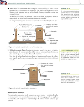 Materiales y herramientas del bobinador 45
• Bobinadora de contrapunto. En este tipo la zona de trabajo se cierra con un
elemento móvil denominado contrapunto, que, mediante una punta cónica,
bloquea el eje principal una vez se ha ubicado el carrete o molde sobre el que
se va a bobinar.
Se utilizan para trabajos de precisión, como el devanado de pequeños transfor-
madores que no requieran bobinas excesivamente grandes.
En la siguiente imagen se muestran las partes de una bobinadora de este tipo.
00000
Contador de vueltas
con botón de puesta
a cero
Manivela
Eje roscado
Cuerpo de la
bobinadora
Fijaciones
Contrapunto
Soporte del contrapunto
Base móvil
del contrapunto Base para unir
bobinadora y
contrapunto
Mesa
Ajuste del contrapunto
a Figura 2.24. Partes de una bobinadora manual de contrapunto.
• Bobinadora de eje al aire. Este tipo no requiere que el eje se apoye sobre nin-
gún elemento de contrapunto. Se utiliza para la construcción de bobinas de
gran tamaño que no necesiten demasiada precisión.
Este tipo de bobinadora ha de instalarse en la esquina de la mesa de trabajo
para impedir que los accesorios y moldes que se monten sobre el eje colisionen
con ella.
00000
Contador de vueltas
con botón de puesta
a cero
Manivela
Eje roscado
Fijaciones
Trinquete
Mesa
a Figura 2.25. Partes de una bobinadora de eje al aire.
Bobinadoras eléctricas
Son utilizadas para realizar los devanados con mayor rapidez y precisión. En ellas
el sistema motriz está constituido por un motor eléctrico, que puede ser regulado
en velocidad para adaptarlo a diferentes tipos de hilos y moldes sobre los que
bobinar.
El trinquete de las bobinadoras
permite bloquear su uso, de modo
que se puede detener temporal-
mente la operación de bobinado
sin que se suelte ninguna de las
espiras del devanado.
saber más
Algunos fabricantes diseñan sus
bobinadoras de tal forma que el
sistema principal se pueda utilizar
tanto como bobinadora de eje al
aire como de contrapunto.
saber más
Las bobinadoras manuales de eje
al aire son más adecuadas para el
bobinado de máquinas rotativas,
ya que aceptan moldes para reali-
zar bobinas de gran tamaño.
caso práctico inicial
02 Maquinas electricas.indd 45 16/07/12 14:19
 
