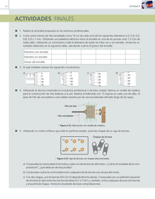 60 Unidad 2
ACTIVIDADES FINALES
1. Realiza la actividad propuesta en las prácticas profesionales.
2. Corta varios tramos de hilo esmaltado (unos 10 cm de cada uno) de los siguientes diámetros 0,3; 0,4; 0,5;
0,8; 0,9 y 1 mm. Utilizando una peladora eléctrica retira el esmalte en una de las puntas unos 1,5 cms de
todos ellos. Utilizando un micrómetro mide el diámetro de todos los hilos con y sin esmalte. Anota los re-
sultados obtenidos en la siguiente tabla, calculando cuál es el grosor del esmalte.
Diámetro con esmalte
Diámetro sin esmalte
Grosor del esmalte
3. Di qué medidas marcan los siguientes micrómetros:
a)
0 5 10
5
0
45
40
35
b)
0 5 10
5
0
45
40
35
c)
0 5 10
35
30
25
20
15
d)
0 5 10
0
45
40
35
30
25
4. Utilizando la técnica mostrada en la práctica profesional 2 de esta unidad, fabrica un molde de madera
para la construcción de tres bobinas a la vez. Realiza el bobinado con 15 espiras en cada una de ellas. El
paso de hilo de una bobina a otra debes hacerlo por las ranuras laterales del lado largo de las tapas.
Hilo de atar
Hilo esmaltado
a Figura 2.73. Fabricación con molde de madera.
5. Utilizando un motor trifásico que esté en perfecto estado, quita las chapas de su caja de bornes.
V1 W1
U1
U2 V2
W2
Chapas de bornes
a Figura 2.74. Caja de bornes con chapas desconectadas.
a) Comprueba la continuidad entre todos y cada uno de los bornes del motor. ¿Cuál es el resultado de la com-
probación?, ¿qué deduces de esta prueba?
b) Comprueba cuál es la continuidad entre cualquiera de los bornes y la carcasa del motor.
c) Con dos chapas, une los bornes W2-U2-V2 dejando libre los demás. Comprueba con un polímetro (posición
de ohmios) el valor entre los tres bornes libres (U1-V1-W1) y, también, entre cualquiera de esos tres bornes
y el puente de chapas. Anota los resultados de estas comprobaciones.
02 Maquinas electricas.indd 60 16/07/12 14:21
 