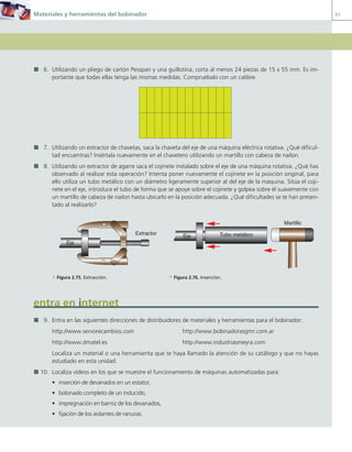 Materiales y herramientas del bobinador 61
6. Utilizando un pliego de cartón Pesspan y una guillotina, corta al menos 24 piezas de 15 x 55 mm. Es im-
portante que todas ellas tenga las mismas medidas. Compruébalo con un calibre.
7. Utilizando un extractor de chavetas, saca la chaveta del eje de una máquina eléctrica rotativa. ¿Qué dificul-
tad encuentras? Insértala nuevamente en el chavetero utilizando un martillo con cabeza de nailon.
8. Utilizando un extractor de agarre saca el cojinete instalado sobre el eje de una máquina rotativa. ¿Qué has
observado al realizar esta operación? Intenta poner nuevamente el cojinete en la posición original, para
ello utiliza un tubo metálico con un diámetro ligeramente superior al del eje de la máquina. Sitúa el coji-
nete en el eje, introduce el tubo de forma que se apoye sobre el cojinete y golpea sobre él suavemente con
un martillo de cabeza de nailon hasta ubicarlo en la posición adecuada. ¿Qué dificultades se te han presen-
tado al realizarlo?
Extractor
Eje
Tubo metálico
Martillo
Eje
a Figura 2.75. Extracción. a Figura 2.76. Inserción.
entra en internet
9. Entra en las siguientes direcciones de distribuidores de materiales y herramientas para el bobinador:
http://www.servorecambios.com http://www.bobinadorasgmr.com.ar
http://www.dmatel.es http://www.industriasmeyra.com
Localiza un material o una herramienta que te haya llamado la atención de su catálogo y que no hayas
estudiado en esta unidad.
10. Localiza vídeos en los que se muestre el funcionamiento de máquinas automatizadas para:
• inserción de devanados en un estator,
• bobinado completo de un inducido,
• impregnación en barniz de los devanados,
• fijación de los aislantes de ranuras.
02 Maquinas electricas.indd 61 16/07/12 14:21
 