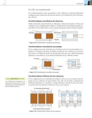 76 Unidad 3
2.3. Por su construcción
Los transformadores, tanto monofásicos como trifásicos, presentan diferentes
configuraciones en función del tipo de núcleo y de la disposición de los devana-
dos sobre él.
Transformadores monofásicos de columnas
Ambos devanados están montados en diferentes columnas del núcleo. Si bien esta
configuración es completamente válida, no es habitual encontrar transformadores co-
merciales con esta disposición, ya que ocupan más espacio que los de tipo acorazado.
Núcleo
Primario Secundario
a Figura 3.14. Transformador monofásico de columnas.
Transformadores monofásicos acorazados
Es la configuración más utilizada para la fabricación de transformadores mo-
nofásicos. Consiste en utilizar un núcleo cerrado de tres columnas, en el que la
del centro es el doble de ancha que las laterales. En este caso, ambos devanados
(primario y secundario), se encuentran bobinados en la columna central.
Núcleo
Los dos
devanados
Primario
Secundario
a Figura 3.15. Transformador monofásico acorazado.
Transformadores trifásicos de tres columnas
Es la configuración más utilizada para trifásicos. En este caso el núcleo está for-
mado por tres columnas de igual tamaño. En cada una de ellas se disponen las
bobinas del primario y secundario, correspondientes a una de las fases. La inter-
conexión entre las diferentes bobinas se hace en el exterior.
Conexiones del primario
Conexiones del secundario
a Figura 3.16. Transformador trifásico de tres columnas.
La configuración basada en un
núcleo de tres columnas es la más
utilizada para transformadores tri-
fásicos de baja potencia.
caso práctico inicial
03 Maquinas electricas.indd 76 16/07/12 15:06
 