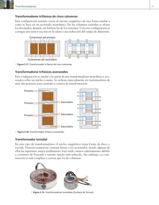 Transformadores 77
Transformadores trifásicos de cinco columnas
Esta configuración permite cerrar el circuito magnético de una forma similar a
como se hace en un acorazado monofásico. En las columnas centrales se alojan
los devanados, dejando sin bobinas las de los extremos. Con esta configuración se
consigue una menor sección en la culata y una reducción del campo de dispersión.
Conexiones del primario
Conexiones del secundario
a Figura 3.17. Transformador trifásico de cinco columnas.
Transformadores trifásicos acorazados
Esta configuración es similar a la unión de tres transformadores monofásicos aco-
razados sobre un núcleo común. Se utilizan especialmente en trasformadores de
muy alta potencia para centrales y centros de transformación.
Primario
Secundario
Primario
Secundario
Primario
Secundario
a Figura 3.18. Transformador trifásico acorazado.
Transformador toroidal
En este tipo de transformadores el núcleo magnético tiene forma de disco o
toroide. Presenta numerosas ventajas frente a los acorazados, siendo algunas de
ellas las siguientes: mejor rendimiento, bajo ruido, menor calentamiento debido
a corrientes de Foucault y tamaño mucho más reducido. Sin embargo, su cons-
trucción es más compleja y costosa que los de columnas.
a Figura 3.19. Transformadores toroidales (Cortesía de Torivac).
03 Maquinas electricas.indd 77 16/07/12 15:06
 