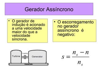 Gerador Assíncrono
• O escorregamento
no gerador
assíncrono é
negativo:
• O gerador de
indução é acionado
a uma velocidade
maior do que a
velocidade
síncrona.
s
s
n
nn
s
−
=
 