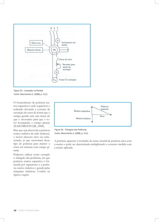 Figura 53 - Limitação na Partida
Fonte: Nascimento Jr. (2008, p. 211).

O fornecimento de potência reativa capacitiva à rede (capacitor) é
realizado elevando a corrente de
excitação do rotor de forma que o
campo gerado nele seja maior do
que o necessário para que o rotor acompanhe o campo girante
(NASCIMENTO JR., 2008).
Para que seja absorvida a potência
reativa indutiva da rede (indutor),
o motor síncrono deve ser subexcitado, já que necessitará desse
tipo de potência para manter o
rotor em sintonia com campo girante.
Podemos utilizar como exemplo
o triângulo das potências, em que
potência reativa capacitiva é fornecida por capacitores e a potência reativa indutiva é gerada pelas
máquinas indutivas. Confira na
figura a seguir.

50

CURSOS TÉCNICOS SENAI

Figura 54 - Triângulo das Potências
Fonte: Nascimento Jr. (2008, p. 211).

A potência aparente é resultado da soma vetorial da potência ativa com
a reativa e pode ser determinada multiplicando a corrente medida com
a tensão aplicada.

 