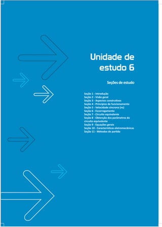 Unidade de
estudo 6
Seções de estudo
Seção 1 - Introdução
Seção 2 - Visão geral
Seção 3 - Aspectos construtivos
Seção 4 - Princípios de funcionamento
Seção 5 - Velocidade síncrona (ns)
Seção 6 - Escorregamento
Seção 7 - Circuito equivalente
Seção 8 - Obtenção dos parâmetros do
circuito equivalente
Seção 9 - Equações gerais
Seção 10 - Características eletromecânicas
Seção 11 - Métodos de partida

 
