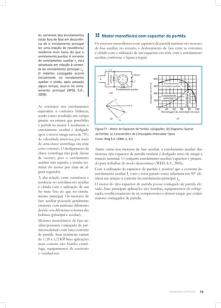 As correntes dos enrolamentos
estão fora de fase em decorrência de o enrolamento principal
ter uma relação de resistência/
reatância mais baixa do que o
enrolamento auxiliar. A corrente
do enrolamento auxiliar Ia está
adiantada em relação à corrente do enrolamento principal Im.
O máximo conjugado ocorre
inicialmente no enrolamento
auxiliar e então, após passado
algum tempo, ocorre no enrolamento principal (WEG S.A.,
2006).

As correntes nos enrolamentos
equivalem a correntes bifásicas,
tendo como resultado um campo
girante no estator que possibilita
a partida no motor. Usualmente o
enrolamento auxiliar é desligado
após o motor atingir cerca de 75%
da velocidade síncrona, por meio
de uma chave centrífuga em série
com o mesmo. O desligamento da
chave centrífuga não pode deixar
de ocorrer, pois o enrolamento
auxiliar não suporta a tensão nominal do motor por mais de alguns segundos.
A alta relação entre resistência e
reatância no enrolamento auxiliar
é obtida com a utilização de um
fio mais fino do que no enrolamento principal. Os motores de
fase auxiliar possuem geralmente
estatores com ranhuras diferentes
devido aos diferentes volumes das
bobinas (principal e auxiliar).
Motores monofásicos de fase auxiliar possuem conjugado de partida moderado com baixa corrente
de partida. Suas potências variam
de 1/20 a 1/2 HP. Suas aplicações
mais comuns são: bomba centrífuga, equipamentos de escritório
e ventiladores.

Motor monofásico com capacitor de partida
Os motores monofásicos com capacitor de partida também são motores
de fase auxiliar, no entanto, o deslocamento de fase entre as correntes
é obtido com a utilização de um capacitor em série com o enrolamento
auxiliar, conforme a figura a seguir.

Figura 77 - Motor de Capacitor de Partida: (a)Ligações, (b) Diagrama Fasorial
da Partida, (c) Característica de Conjungado-Velocidade Típica
Fonte: Weg S.A. (2006, p. 12).

Assim como nos motores de fase auxiliar, o enrolamento auxiliar dos
motores tipo capacitor de partida também é desligado antes de atingir a
rotação nominal. O conjunto enrolamento auxiliar/capacitor é projetado para trabalhar de modo descontínuo (WEG S.A., 2006).
Com a utilização do capacitor de partida é possível que a corrente do
enrolamento auxiliar Ia com o rotor parado esteja adiantada em 90° elétricos em relação à corrente do enrolamento principal Im.
O motor do tipo capacitor de partida possui conjugado de partida elevado. Suas principais aplicações são: bombas, equipamentos de refrigeração, condicionamento de ar, compressores e demais cargas que exijam
maiores conjugados de partida.

MÁQUINAS ELÉTRICAS

73

 