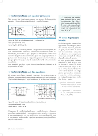 Motor monofásico com capacitor permanente
Nos motores tipo capacitor permanente não ocorre o desligamento do
capacitor e do enrolamento auxiliar após a partida do motor.

Figura 78 - Motor de Capacitor Permanente e Característica de
Conjugado-Velocidade Típica
Fonte: Weg S.A. ([200-?], p. 13).

O rendimento, o fator de potência e as pulsações de conjugados podem ser melhorados em relação aos motores monofásicos citados anteriormente, considerando que o projeto do enrolamento auxiliar e do
capacitor de partida são determinados para uma carga específica e as
pulsações são eliminadas, pois o capacitor age como um reservatório de
energia aplainando as pulsações da potência fornecida pela alimentação
monofásica.
Suas principais aplicações são em ventiladores de condicionadores de ar
e ventiladores de teto.

Motor monofásico com dois capacitores
Os motores monofásicos com dois capacitores são projetados para se
obter um bom desempenho tanto na partida quanto no funcionamento.
Você conhecerá na figura a seguir uma forma de se obter esse resultado.

Os capacitores de partida
mais utilizados são do tipo
eletrolítico para CA e fabricados para serviço de partida
de motores, já os capacitores
permanentes geralmente são
a óleo, de capacitância em
torno de 40 µF.

Motor de polos sombreados
O motor de polos sombreados é
tipicamente utilizado para potências bastante reduzidas, menores
do que 0,1 cv. A bobina de arraste
tem polos salientes e uma parte
de cada polo é envolvida por uma
espira curto-circuitada de cobre, a
chamada bobina de arraste.
O fluxo gerado pelas correntes
induzidas na parte do polo onde
se encontra a bobina de arraste
sofre um atraso em relação ao fluxo na outra parte do polo e como
consequência é criado um campo
girante que se desloca em direção
à parte com a bobina e um pequeno conjugado de partida é criado.
Nas figuras a seguir:
a.	 pode ser observado o posicionamento da bobina de arraste
e do enrolamento principal e
b.	 é apresentada a característica de conjugado-velocidade
(WEG S.A., 2006).

Figura 79 - Motor de Capacitor de Dois Calores e Característica de
Conjugado-Velocidade Típica
Fonte: Weg S.A. ([200-?], p. 14).

O capacitor de partida é desligado após a partida do motor pela chave
centrífuga, sua capacitância é bem maior do que o capacitor permanente
e seu posicionamento está em paralelo com o mesmo. Em série com
o enrolamento auxiliar está o capacitor permanente, que possui baixo
valor de capacitância.

74

CURSOS TÉCNICOS SENAI

 