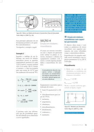 Figura 80 - Motor com Bobina de Arraste e Característica Típica de Velocidade
Fonte: Weg S.A. ([200-?], p. 16).

Suas principais aplicações são em
ferramentas portáteis e em aparelhos eletrodomésticos.
Acompanhe o exemplo a seguir.

Exemplo 1
Segundo o catálogo de um fabricante, um motor de indução
monofásico possui as seguintes
características: potência 2 cv, rpm
3.510 (2 polos), corrente nominal
12,0 A na tensão 220 V. Calcule
a corrente e o fator de potência
para uma tensão de 115 V, para
um rendimento do motor de 70%.

Pel =

Pmec

η

=

P 2102
=
= 0,796
S 2640

Pel = VL ⋅ I L ⋅ cosθ

IL =

Ensaio em motores
monofásicos
O ensaio em motores monofásicos tem o objetivo de apresentar
como realizar na prática as conexões, mecânicas e elétricas, de
equipamentos auxiliares com o
motor e estudar algumas propriedades e características dos mesmos.
O procedimento descrito visa
apenas nortear a realização
do ensaio e as características
da máquina apresentada neste roteiro, deverá apenas servir como referência.

736 × 2,0
= 2102W
0,7

S = VL ⋅ I L = 220 × 12 = 2640VA

FP = cosθ =

SEÇÃO 4

2102
= 23,0 A
115 × 0,796

A próxima seção traz informações que lhe possibilitará aprender descobrindo novas dimensões
e novos significados.

Equipamentos necessários para a
realização do ensaio:

O manuseio de equipamentos
energizados e com partes girantes
traz riscos de danos físicos, portanto, realize as atividades propostas
sob a supervisão de um profissional habilitado e siga as instruções
de segurança. Todas as alterações e
ligações devem ser realizadas com
os equipamentos desligados.

Ensaio em motores
monofásicos com capacitor permanente
O objetivo deste ensaio é você
avaliar os parâmetros do motor
monofásico com capacitor permanente, tais como: velocidade,
torque e características elétricas.
Especificações da máquina analisada: motor monofásico com capacitor permanente 0,5 cv, 220 V,
1.610 rpm.

Procedimento
1.	 Medir com o auxílio de um
ohmímetro as resistências do
enrolamento primário e do enrolamento secundário:
RPRIMÁRIO = 6,25 Ω
RSECUNDÁRIO= 6,25 Ω
Monte o circuito conforme apresentado na figura a seguir:

▪▪ fonte CA ajustável de 0 a 120
V;

▪▪ eletrodinamômetro para cargas até 3 N.m;

▪▪
▪▪
▪▪
▪▪
▪▪
▪▪
▪▪

tacômetro;
amperímetro;
ohmímetro;
eletrodinamômetro;
dinamômetro;

Figura 81 - Medindo com Ohmímetro
Fonte: Weg S.A. ([200-?], p. 149).

voltímetro; e

A fonte CA deverá estar em 0 V.

wattímetro.

		

	

MÁQUINAS ELÉTRICAS

75

 