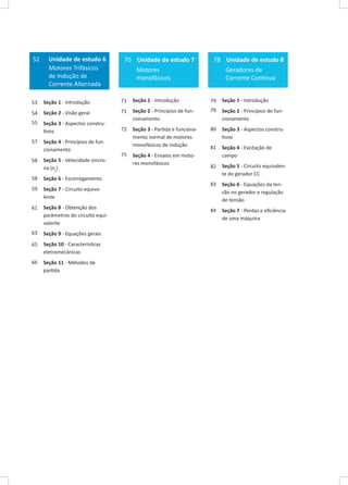 52

Unidade de estudo 6
Motores Trifásicos
de Indução de
Corrente Alternada

70 Unidade de estudo 7

78 Unidade de estudo 8

Motores
monofásicos

Geradores de
Corrente Contínua

53

Seção 1 - Introdução

71

Seção 1 - Introdução

79

Seção 1 - Introdução

54

Seção 2 - Visão geral

71

79

55

Seção 3 - Aspectos construtivos

Seção 2 - Princípios de funcionamento

Seção 2 - Princípios de funcionamento

72

Seção 3 - Partida e funcionamento normal de motores
monofásicos de indução

80

Seção 3 - Aspectos construtivos

81

75

Seção 4 - Ensaios em motores monofásicos

Seção 4 - Excitação de
campo

82

Seção 5 - Circuito equivalente do gerador CC

83

Seção 6 - Equações da tensão no gerador e regulação
de tensão

84

Seção 7 - Perdas e eficiência
de uma máquina

57

Seção 4 - Princípios de funcionamento

58

Seção 5 - Velocidade síncrona (ns)

58

Seção 6 - Escorregamento

59

Seção 7 - Circuito equivalente

61

Seção 8 - Obtenção dos
parâmetros do circuito equivalente

63

Seção 9 - Equações gerais

65

Seção 10 - Características
eletromecânicas

66

Seção 11 - Métodos de
partida

 