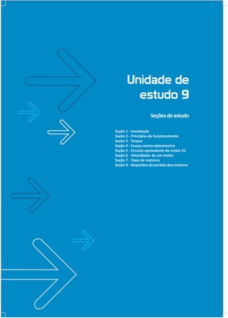 Unidade de
estudo 9
Seções de estudo
Seção 1 - Introdução
Seção 2 - Princípios de funcionamento
Seção 3 - Torque
Seção 4 - Forças contra-eletromotriz
Seção 5 - Circuito equivalente do motor CC
Seção 6 - Velocidades de um motor
Seção 7 - Tipos de motores
Seção 8 - Requisitos de partida dos motores

 