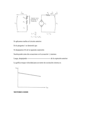 Si aplicamos mallas al circuito anterior:

En la pregunta 1 se demostró que

Si despejamos IA de la siguiente expresión:

Sustituyendo estas dos ecuaciones en la ecuación 1, tenemos

Luego, despejando                                   de la expresión anterior

La gráfica torque-velocidad para un motor de excitación externa es:




MOTORES SERIE
 