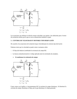 Las ecuaciones que definen la relación torque-velocidad, son iguales a las deducidas para el motor
de excitación externa, por lo que su curva característica también es igual.

3. - CONTROL DE VELOCIDAD EN MOTORES TIPO DERIVACIÓN

De acuerdo a las ecuaciones de la relación torque-velocidad para los motores tipo derivación:

Podemos intuir que la velocidad se puede variar si actuamos sobre:

 El flujo del inductor (cambiando la resistencia de campo Rf)

 La fuerza contraelectromotriz ó voltaje aplicado entre los terminales de armadura.

        Si cambiamos la resistencia de campo:




Como vemos en el gráfico, si incrementamos Rf, la corriente de campo disminuye. Al disminuir la
corriente de campo, disminuye el flujo, por lo que disminuye el voltaje generado.
 