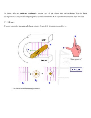 La fuerza sobre un conductor rectilíneo de longitud L por el que circula una corriente I, cuya dirección forma

un ángulo acon la dirección del campo magnético de inducción uniforme B, en cuyo interior se encuentra, tiene por valor:


F= I L B sen a

Si las tres magnitudes son perpendiculares, entonces el valor de la fuerza electromagnética es:




             Esta fuerza desarrolla un trabajo de valor:
 