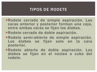TIPOS DE RODETE

Rodete cerrado de simple aspiración. Las
 caras anterior y posterior forman una caja,
 entre ambas caras se fijan los álabes.
Rodete cerrado de doble aspiración.
Rodete semi-abierto de simple aspiración.
 Los álabes se fijan solo en la cara
 posterior.
Rodete abierto de doble aspiración. Los
 álabes se fijan en el núcleo o cubo del
 rodete.
 