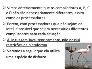 Vimos anteriormente que os compiladores A, B, C e D não são necessariamente diferentes, assim como os processadores Porém, com processadores que não sejam da Intel, é possível que sejam necessários diferentes compiladores para cada situação A linguagem Java, teoricamente, não possui restrições de plataforma Veremos a seguir que ela utiliza uma espécie de disfarce... 