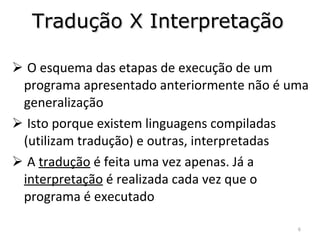 Tradução X Interpretação O esquema das etapas de execução de um programa apresentado anteriormente não é uma generalização Isto porque existem linguagens compiladas (utilizam tradução) e outras, interpretadas A  tradução  é feita uma vez apenas. Já a  interpretação  é realizada cada vez que o programa é executado 