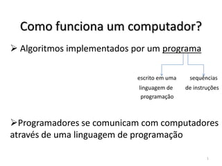 Como funciona um computador?
 Algoritmos implementados por um programa

                           escrito em uma    sequências
                            linguagem de    de instruções
                             programação



Programadores se comunicam com computadores
através de uma linguagem de programação

                                                    1
 