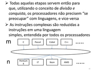  Todas aquelas etapas servem então para
 que, utilizando o conceito de divisão e
 conquista, os processadores não precisem “se
 preocupar” com linguagens, e vice-versa
 As instruções complexas são reduzidas a
 instruções em uma linguagem
 simples, entendida por todos os processadores
m        C       Pascal   Cobol   C++   .....


n      Pentium
          4
                   I7     Xeon    AMD   .....
                                                10
 