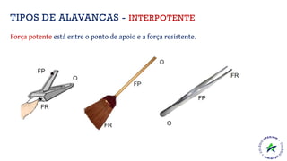 Força potente está entre o ponto de apoio e a força resistente.
TIPOS DE ALAVANCAS - INTERPOTENTE
 