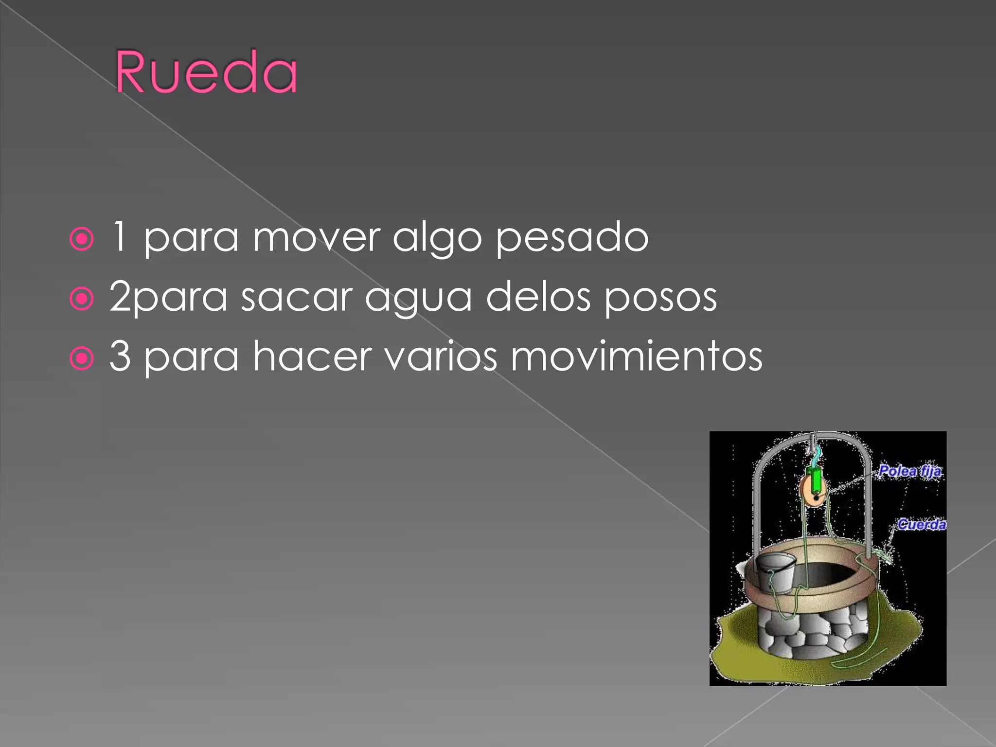 Rueda1 para mover algo pesado2para sacar agua delos posos3 para hacer varios movimientos