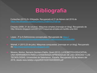 Cortauñas.(2015).En Wikipedia. Recuperado el 21 de febrero del 2016 de
https://es.wikipedia.org/wiki/Corta%C3%BA%C3%B1as
Chispita (2008, 21 de octubre). Máquinas simples.[mensaje en blog]. Recuperado de
http://direciio.blogspot.com/2013/07/maquinas-simples-el-martillo-una.html
 López , P (s.f).Definiciones conceptuales. Recuperado de https://
sites.google.com/site/sccotalopezpabloisai/1-definiciones-conceptuales
 Mishell, V (2013,23 de julio). Máquinas compuestas. [mensaje en un blog]. Recuperado
de http://mauinasdirectioners.blogspot.com
 Moreno, Muñoz, Serracin,Quintero,Patiño, Quiel (2012). LA ROBÓTICA EDUCATIVA,
UNA HERRAMIENTA PARA LA ENSEÑANZA-APRENDIZAJE DE LAS CIENCIAS Y LAS
TECNOLOGÍAS. Universidad de Salamanca , España. Recuperado 20 de febrero del
2016, desde www.redalyc.org/pdf/2010/201024390005.pdf
 