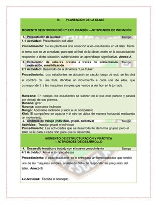 III. PLANEACIÓN DE LA CLASE
MOMENTO DE INTRODUCCIÓNY EXPLORACIÓN – ACTIVIDADES DE INICIACIÓN
1. Presentación de la clase: Tiempo
1.1 Actividad: Presentación del taller
Procedimiento: Se les planteará una situación a los estudiantes en el taller frente
al tema que se ve a realizar, para que al final de la clase, estén en la capacidad de
responder a dicha situación, evidenciando un aprendizaje significativo. Anexo A
2. Exploración de saberes previos a través de ambientación,
motivación, sensibilización
Tiempo
2.1 Actividad: Desarrollo de la dinámica “Las frutas”.
Procedimiento: Los estudiantes se ubicarán en círculo, luego de esto se les dirá
el nombre de una fruta, dándole un movimiento a cada una de ellas, que
corresponderá a las maquinas simples que vamos a ver hoy en la jornada.
Manzana: En parejas, los estudiantes se subirán en él que este parado y pasará
por debajo de sus piernas.
Banano: girar
Naranja: acostarse inclinado
Mango: Acostarse inclinado y subir a un compañero
Kiwi: El compañero se agacha y el otro se ubica de manera horizontal realizando
un movimiento.
3. Dinámica de trabajo (individual, grupal, colectiva) Tiempo
Actividad: Trabajo grupal e individual
Procedimiento: Las actividades que se desarrollarán de forma grupal, pero el
taller se le dará a cada niño para que lo desarrolle.
MOMENTO DE ESTRUCTURACIÓN Y PRÁCTICA
– ACTIVIDADES DE DESARROLLO
4. Desarrollo temático o trabajo con el nuevo conocimiento Tiempo
4.1 Actividad: Arma el rompecabezas
Procedimiento: A cada estudiante se le entregará un rompecabezas que tendrá
una de las maquinas simples, al armarla deberán responder las preguntas del
taller. Anexo B
4.2 Actividad: Escriba el concepto
 