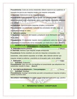 Procedimiento: Cada uno de los estudiantes deberá copiar en sus cuadernos el
concepto de que es una maquina simple y de maquina compuesta.
4.3 Actividad: Elaboración de las maquinas simples
Procedimiento: Cada estudiante deberá diseñar una maquina simple. Luego
deberá exponerla a sus compañeros y decir a que maquina compuesta pertenece
y su utilidad.
4.4 Actividad: Ejercicios sobre maquinas simples y compuestas.
Procedimiento: Los estudiantes realizarán las actividades del taller, luego se
socializará el trabajo en clase.
5. Aplicación práctica Tiempo
5.1 Actividad: Explicación del maestro y ampliación de la información por medio
de un video.
Procedimiento: El estudiante maestro dará la explicación sobre los temas vistos
para ampliar el conocimiento de los estudiantes por medio de un video. Anexo c
MOMENTO DE TRANSFERENCIAY VALORACIÓN – ACTIVIDADES DE
AFIANZAMIENTO Y EVALUACIÓN.
6. Retroalimentación y síntesis Tiempo
6.1 Actividad: Adivina a que maquina simple corresponde
Procedimiento: Se les enseñará una serie de máquinas compuestas a los
estudiantes, estas estarán expuestas en el taller, ellos deberán adivinar que
maquina simple la conforma y escribirlo en el recuadro junto con la utilidad.
7. Evaluación Tiempo
7.1. Actividad: Evaluación
Procedimiento: Quiz con el fin de identificar el conocimiento que adquirieron los
estudiantes durante la clase. . Anexo D
8. Actividad de profundización – Tarea pedagógica Tiempo
8.1. Actividad: Investigar
Procedimiento: Investigar herramientas que estén compuestas por maquinas simples y
traerlas la próxima clase.
RECURSOS Y MATERIALES: fotocopias, videos, materiales como cartón paja, plastilina
IV. REFERENTES TEÓRICO - CONCEPTUALES
 