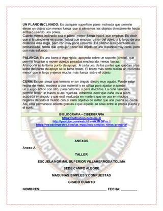 UN PLANO INCLINADO: Es cualquier superficie plana inclinada que permite
elevar un objeto con menos fuerza que si elevamos los objetos directamente hacia
arriba o usando una polea.
Cuanto menos inclinado sea el plano, menor fuerza habrá que emplear. Es decir
que si la pendiente es suave, habrá que empujar o tirar del objeto a lo largo de una
distancia más larga, pero con muy poco esfuerzo. En cambio si la pendiente es
pronunciada, habrá que empujar o tirar del objeto en una distancia muy corta, pero
con más esfuerzo.
PALANCA: Es una barra o viga rígida, apoyada sobre un soporte (pivote), que
permite levantar o mover objetos pesados empleando menos fuerza.
Al soporte se le llama punto de apoyo. A cada una de las partes que quedan a los
lados del punto de apoyo se le llama brazo. El brazo más corto realiza un recorrido
menor que el largo y ejerce mucha más fuerza sobre el objeto.
CUÑA: Es una pieza que termina en un ángulo diedro muy agudo. Puede estar
hecha de metal, madera u otro material y se utiliza para ajustar o apretar
un cuerpo sólido con otro, para calzarlos o para dividirlos. La cuña también
permite llenar un hueco o una rajadura. odríamos decir que cuña es la pieza
acabada en ángulo y que está realizada en madera que se usa en muchos
hogares de todo el mundo con el claro objetivo de evitar que una puerta se cierre.
Así, esta permanece abierta gracias a que aquella se sitúa entre la propia puerta y
el suelo.
BIBLIOGRAFÍA – CIBERGRAFIA
https://definicion.de/cuna-2/
http://youtube.com/watch?v=Ak3M5tFro_I
https://webdelmaestro.com/las-maquinas-simples-ninos-primaria/
ANEXOS
Anexo A
TALLER
ESCUELA NORMAL SUPERIOR VILLAHERMOSA TOLIMA
SEDE CAMPO ALEGRE
MAQUINAS SIMPLES Y COMPUESTAS
GRADO CUARTO
NOMBRES:_____________________________________ FECHA: _________
 