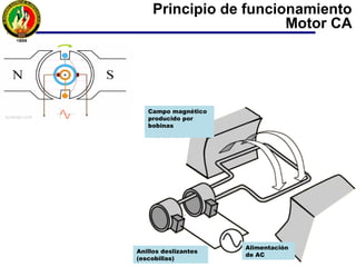 Principio de funcionamiento
Motor CA
Anillos deslizantes
(escobillas)
Campo magnético
producido por
bobinas
Alimentación
de AC
 