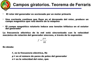 La frecuencia eléctrica de la red está sincronizada con la velocidad
mecánica de rotación del generador síncrono, a través de la expresión: 
 
En dónde:
f = es la frecuencia eléctrica, Hz
p = es el número de pares de polos del generador
n = es la velocidad del rotor, rpm
60
np
f =
• El rotor del generador es accionado por un motor primario
• Una corriente continua que fluye en el devanado del rotor, produce un
campo magnético que rota dentro de la máquina
• El campo magnético rotatorio induce una tensión trifásica en el estator
del generador
Campos giratorios. Teorema de Ferraris
 