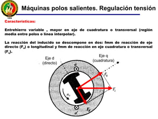 • La fmm del inductor Fe es opuesta a la del inducido Fi (des magnetización).
• En la curva reactiva, para obtener V es necesario el equivalente OF.
• MF representa la fmm de reacción del inducido Fi
• La Fr (OM) induce una fem resultante Er = MC
• La fem por la reactancia de dispersión es:
Xδ I = CB = E δ
Máquinas síncrona. Análisis no lineal
 
