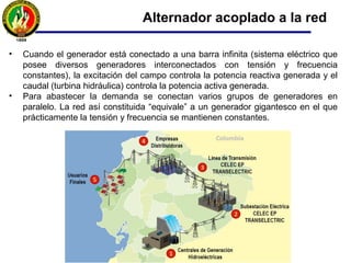 • La máquina primaria (turbina) tiene un regulador de velocidad que actúa
sobre la entrada del agua en turbinas hidráulicas, manteniendo
constante la velocidad y por tanto la frecuencia.
Funcionamiento Alternador en red aislada
 